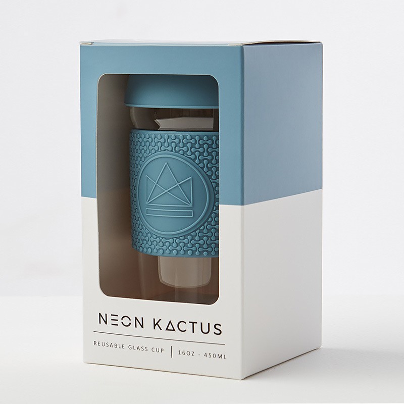 Skleněný hrnek na latté 450 ml,  Neon Kactus, modrý